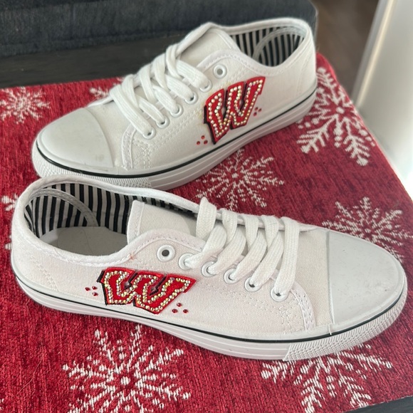 Rhinestone Wisconsin Size 6 tennis shoes! Handmade! One of a kind - Picture 1 of 5